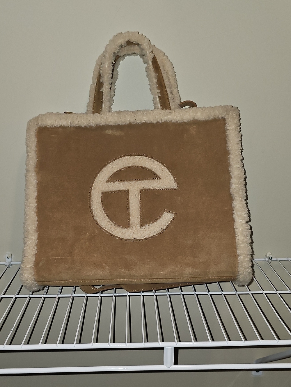Telfar Tan Suede Tote with Cream Shearling Trim